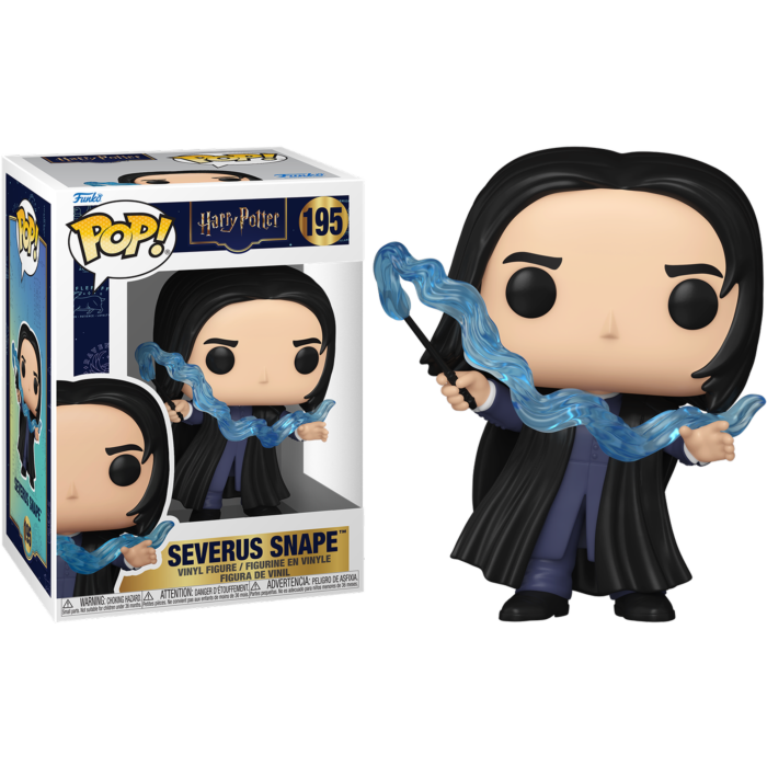 Figura Funko Pop de Severus Snape con caja y efecto mágico azul.
