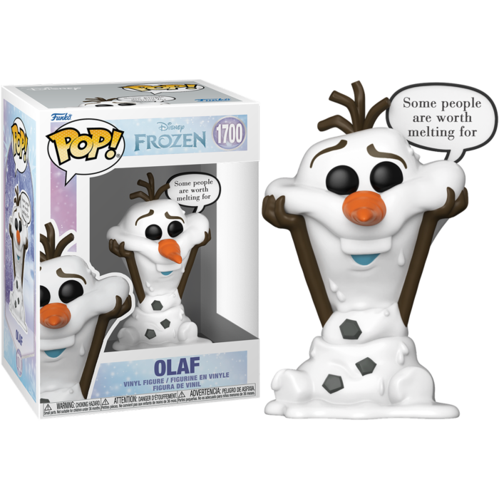 Figura de vinilo Funko Pop de Olaf de Frozen, junto a su caja, sosteniendo su cabeza con un bocadillo.