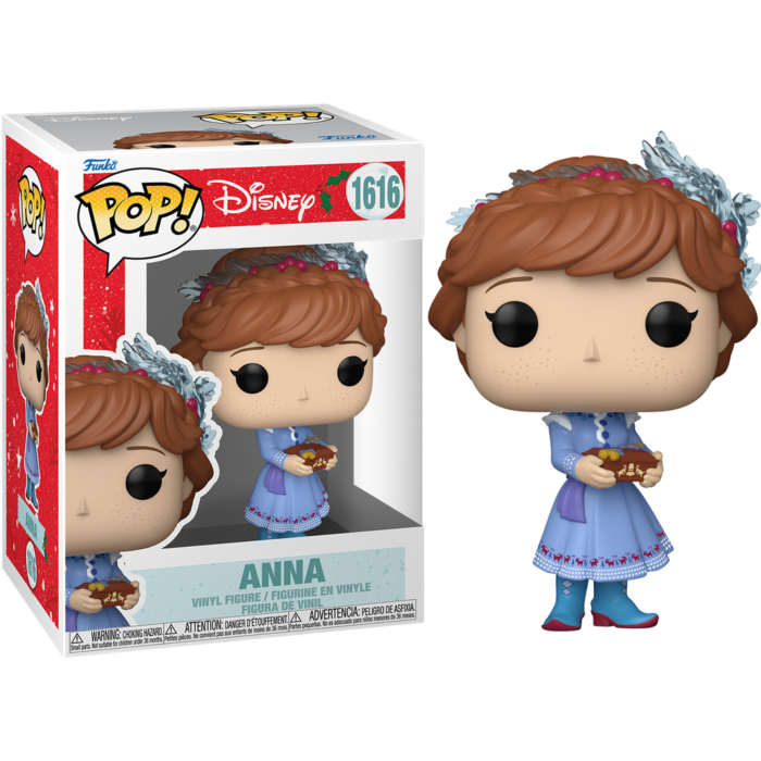 Winylowa figurka Disney Funko Pop Anna w niebieskiej sukience trzyma pudełko obok opakowania.