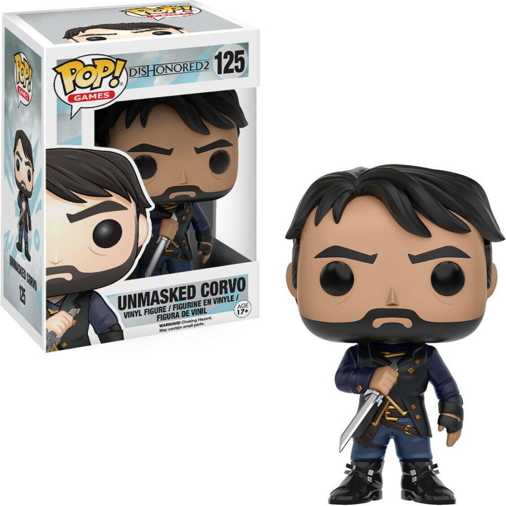 Unmaskierte Corvo Funko Pop Vinylfigur mit Schwert, daneben die passende Schachtel.