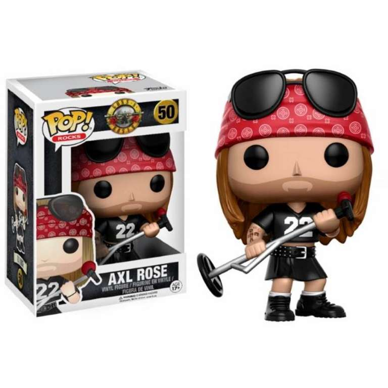 Figura de vinilo Axl Rose Pop! Rocks con pañuelo rojo, gafas de sol y soporte de micrófono, junto a su caja.