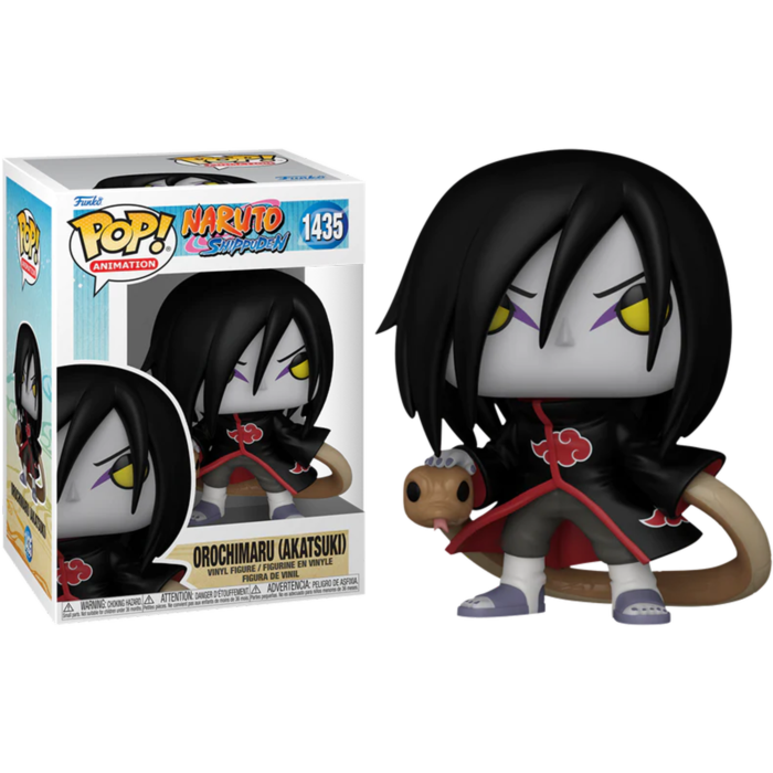 Funko Pop Figur von Orochimaru aus Naruto Shippuden mit Schlange neben seiner Verpackung auf schwarzem Grund.