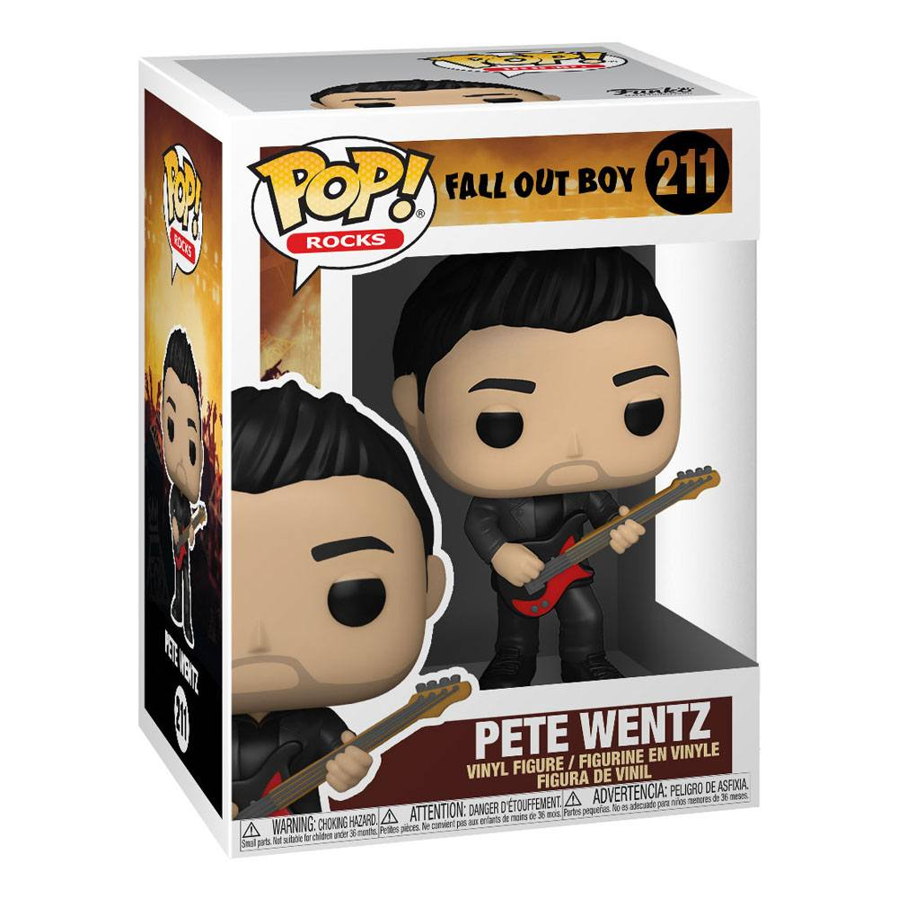 Funko Pop Vinylfigur von Pete Wentz aus Fall Out Boy, in der Originalverpackung mit rotem Bass.