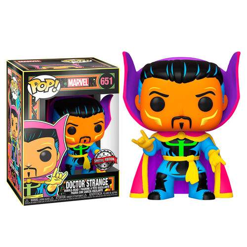 Eine bunte Doctor Strange Funko Pop Figur mit Verpackung, in lebendigen Neonfarben.