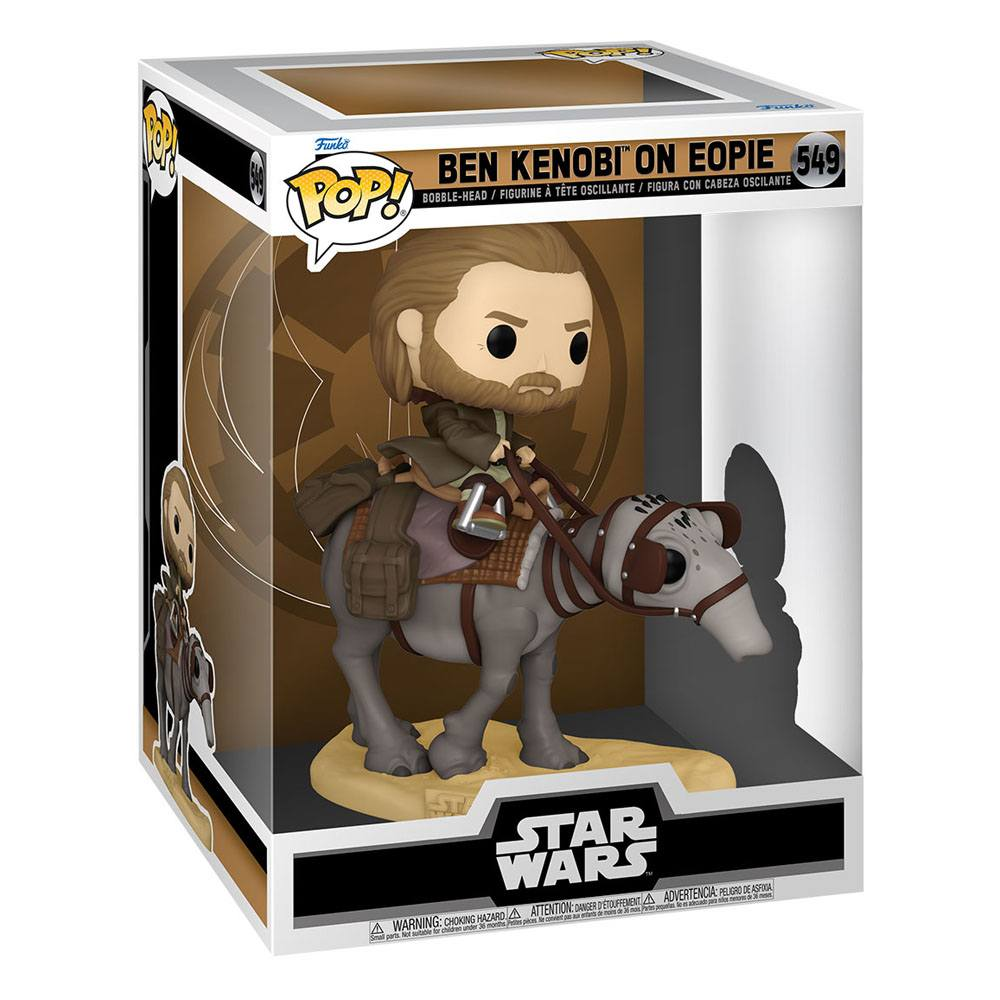 Figura Funko Pop di Ben Kenobi su Eopie di Star Wars in una scatola da collezione.