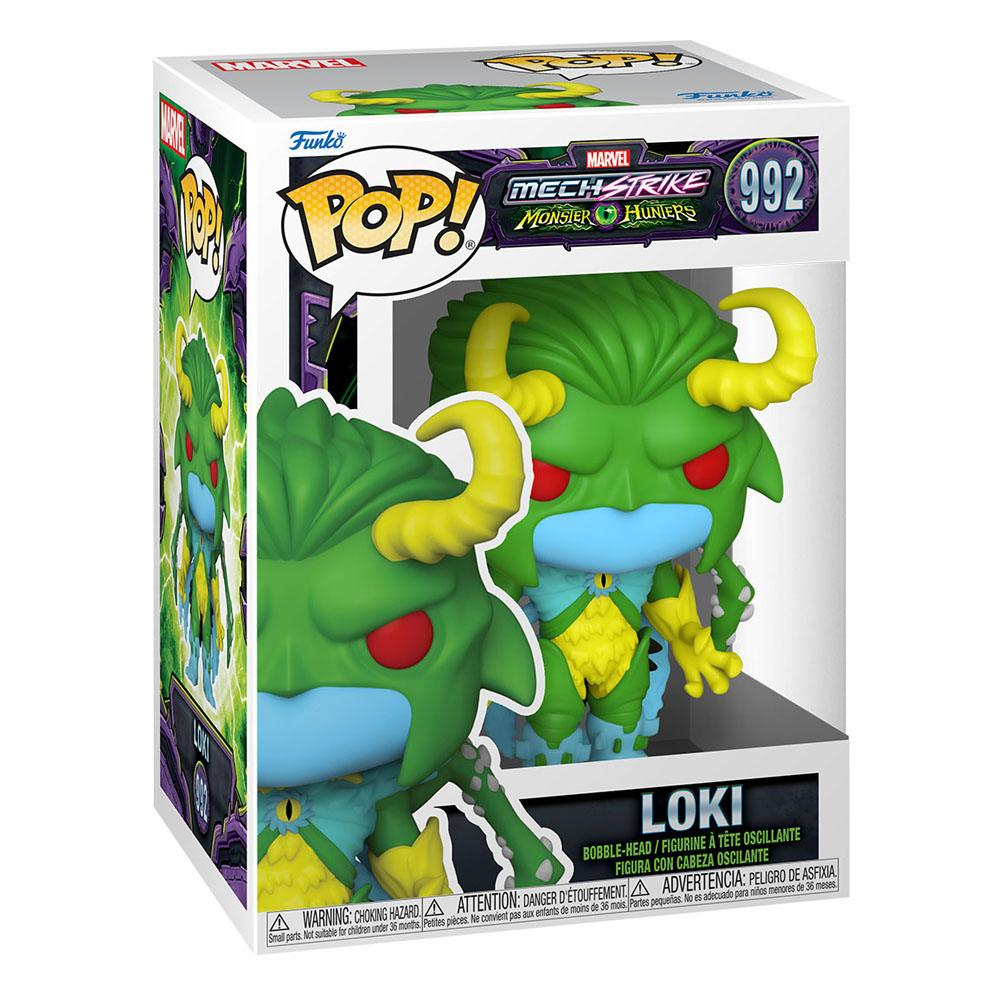 Eine Funko Pop Box mit einer grünen Monster Loki Figur darin, mit gelben Hörnern und roten Augen.