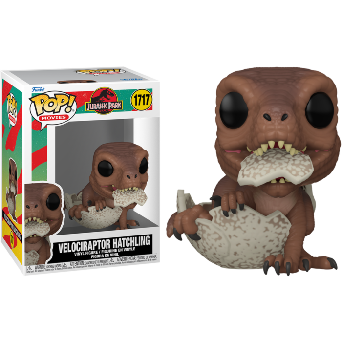Figura Funko POP! de una cría de Velociraptor de Jurassic Park con un huevo al lado de su caja original.