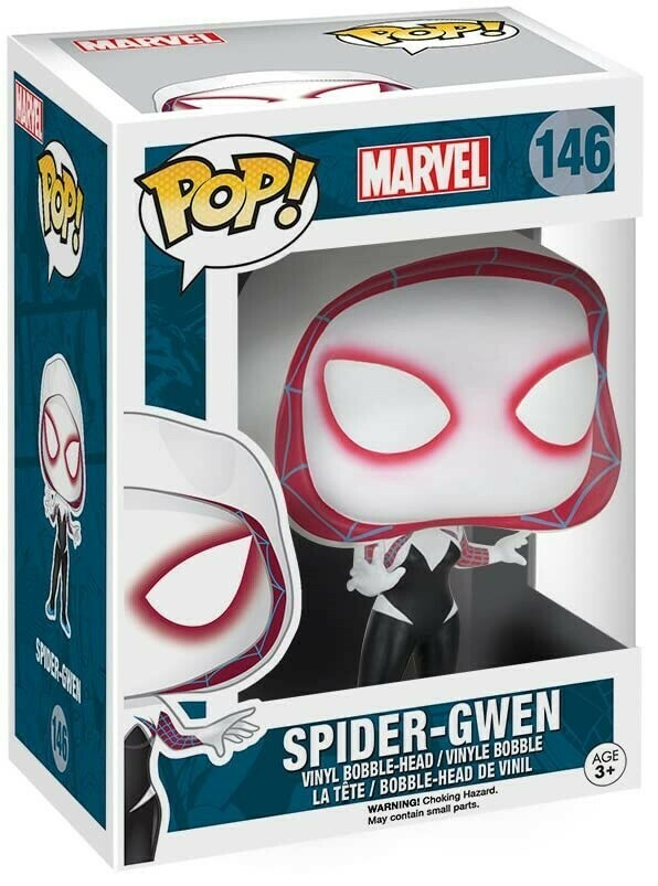 Eine Spider-Gwen Funko Pop Vinyl-Figur in ihrer weiß-schwarzen Verpackung.