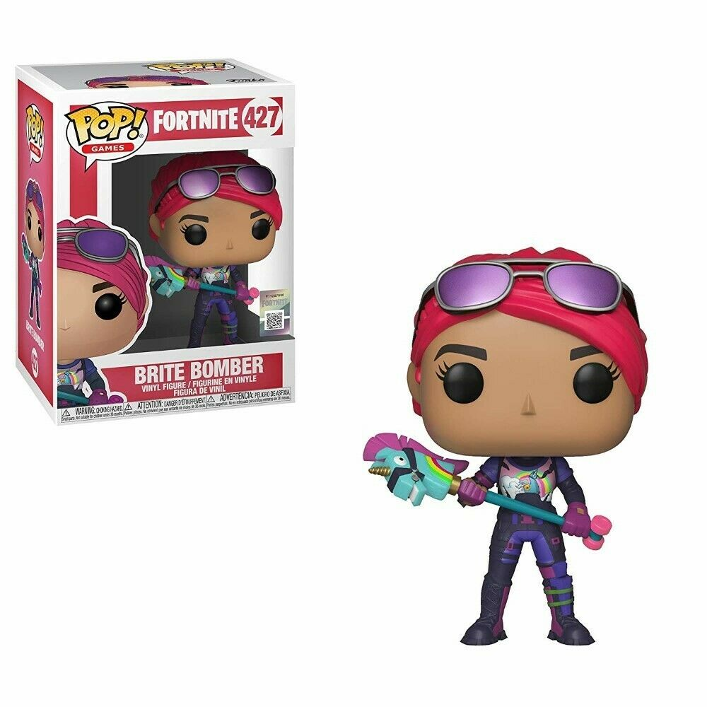 Brite Bomber Fortnite Funko Pop Figur neben ihrer Box mit einer bunten Spitzhacke.