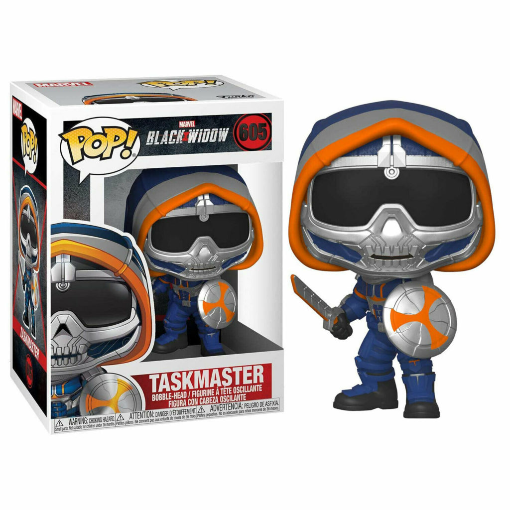 Figura Funko Pop Taskmaster w niebiesko-pomarańczowym stroju z tarczą i mieczem obok pudełka.