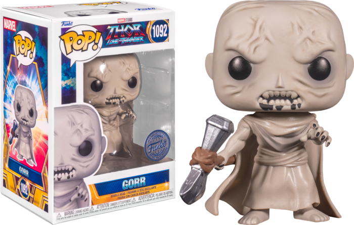 Figura in vinile Funko Pop di Gorr con scatola, pelle pallida con cicatrici e un martello grigio.