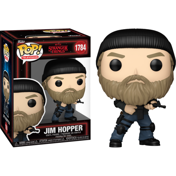 Funko Pop Jim Hopper Figur aus Stranger Things mit Mütze, Bart und Gewehr neben seiner Verpackung.