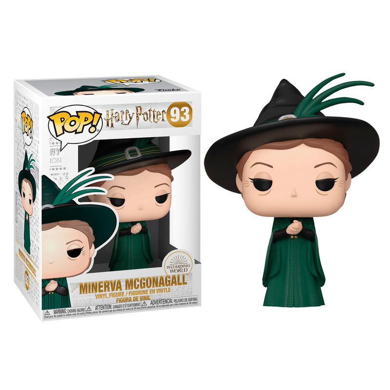 Minerva McGonagall Funko Pop Figur in grüner Robe und mit Spitzhut, daneben die Originalverpackung.