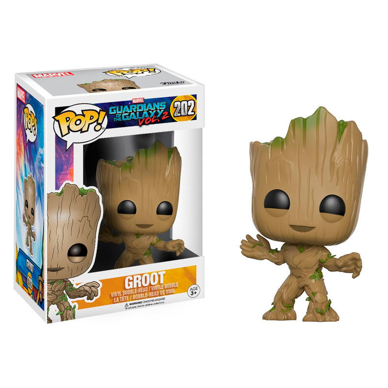 Guardians of the Galaxy Vol 2 Groot Funko Pop Vinyl-Figur neben der bunten Verpackung auf weißem Hintergrund.