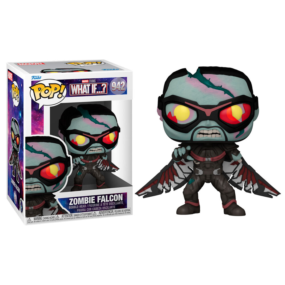 Zombie Falcon Funko Pop Figur mit Flügeln und beschädigter Box.