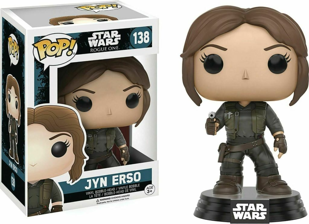 Jyn Erso Funko Pop Figur mit Blaster und Box aus Star Wars Rogue One.