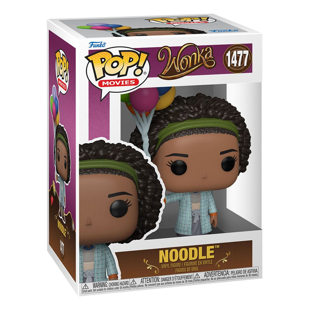 Figurka winylowa Funko Pop przedstawiająca Noodle z filmu Wonka w pudełku z zieloną opaską i płaszczem.