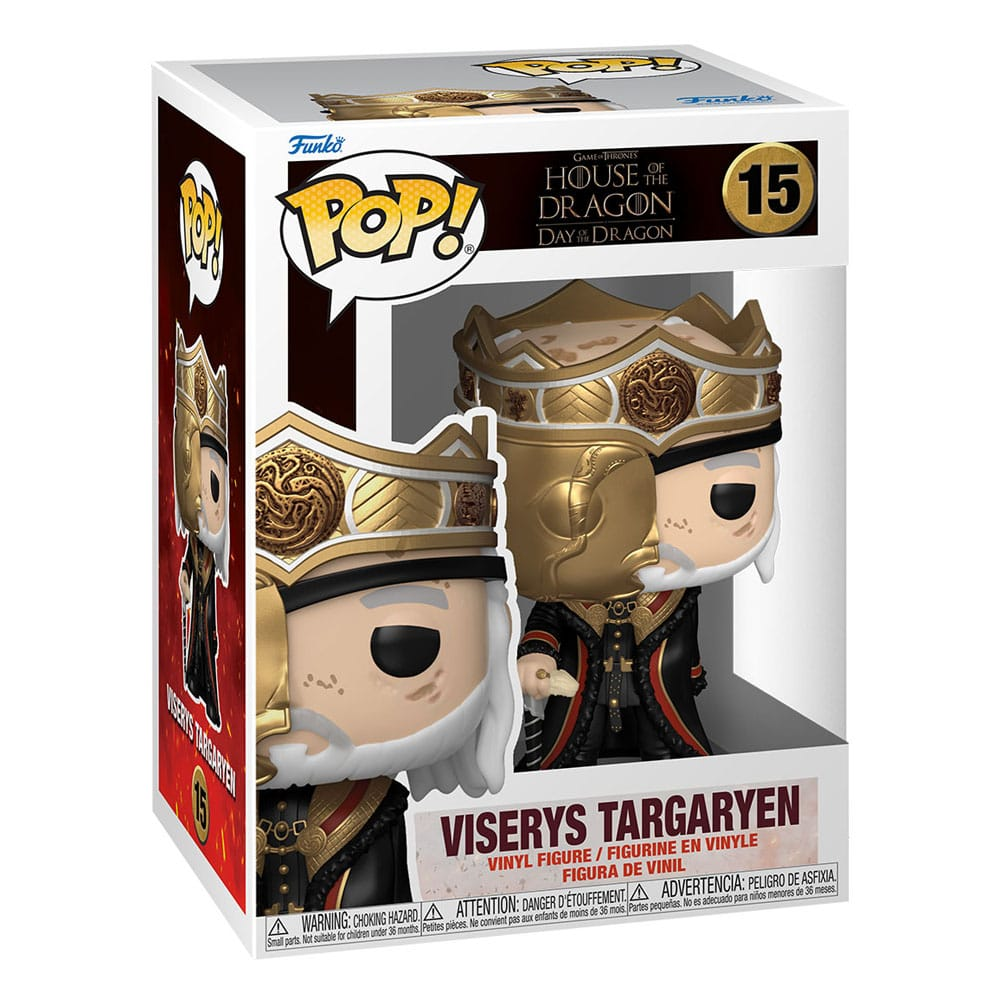 Figurine en vinyle Funko Pop de Viserys Targaryen de House of the Dragon dans sa boîte, avec couronne dorée et tenue noire.