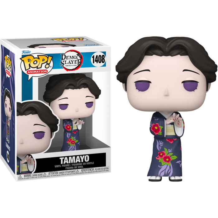 Demon Slayer Tamayo Funko Pop Vinyl-Figur neben ihrer Schachtel mit dunklen Haaren und einem Kimono.
