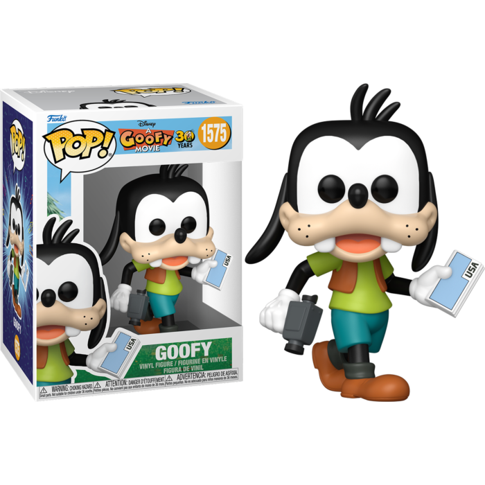 Una figure in vinile Funko Pop di Pippo con una macchina fotografica e una mappa USA, accanto alla scatola.
