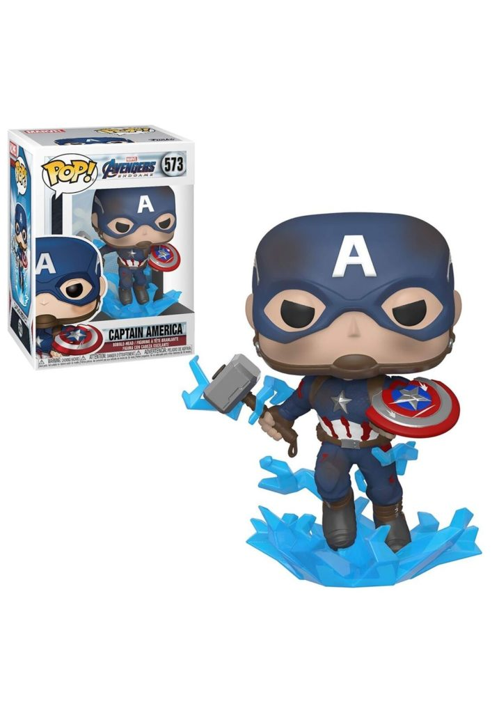 Captain America Funko Pop Figur mit Hammer und Schild, stehend auf blauer Energie, neben der Originalverpackung.