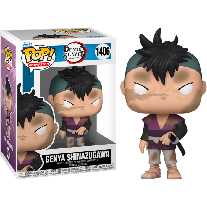 Funko Pop Genya Shinazugawa Figur aus Demon Slayer in Box und stehend draußen.
