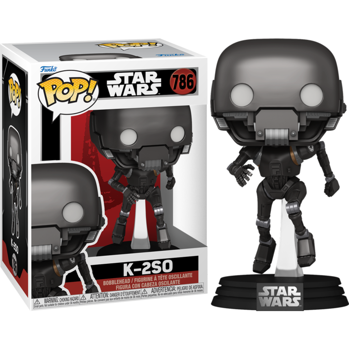 Figura cabezona Funko Pop de K-2SO de Star Wars en negro con su caja sobre fondo negro.