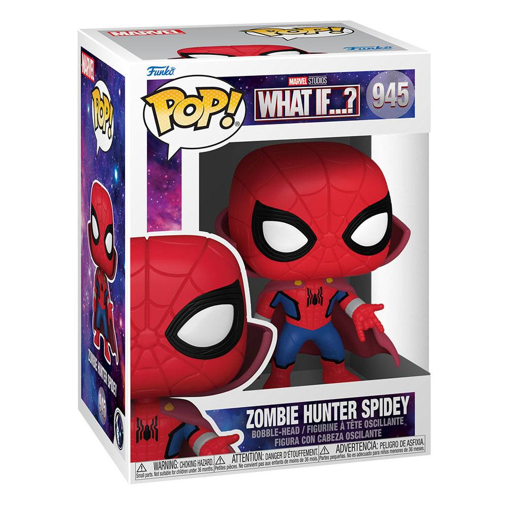 Una scatola Funko Pop con una figura di Zombie Hunter Spidey, marchio Marvel What If...? e il numero 945.