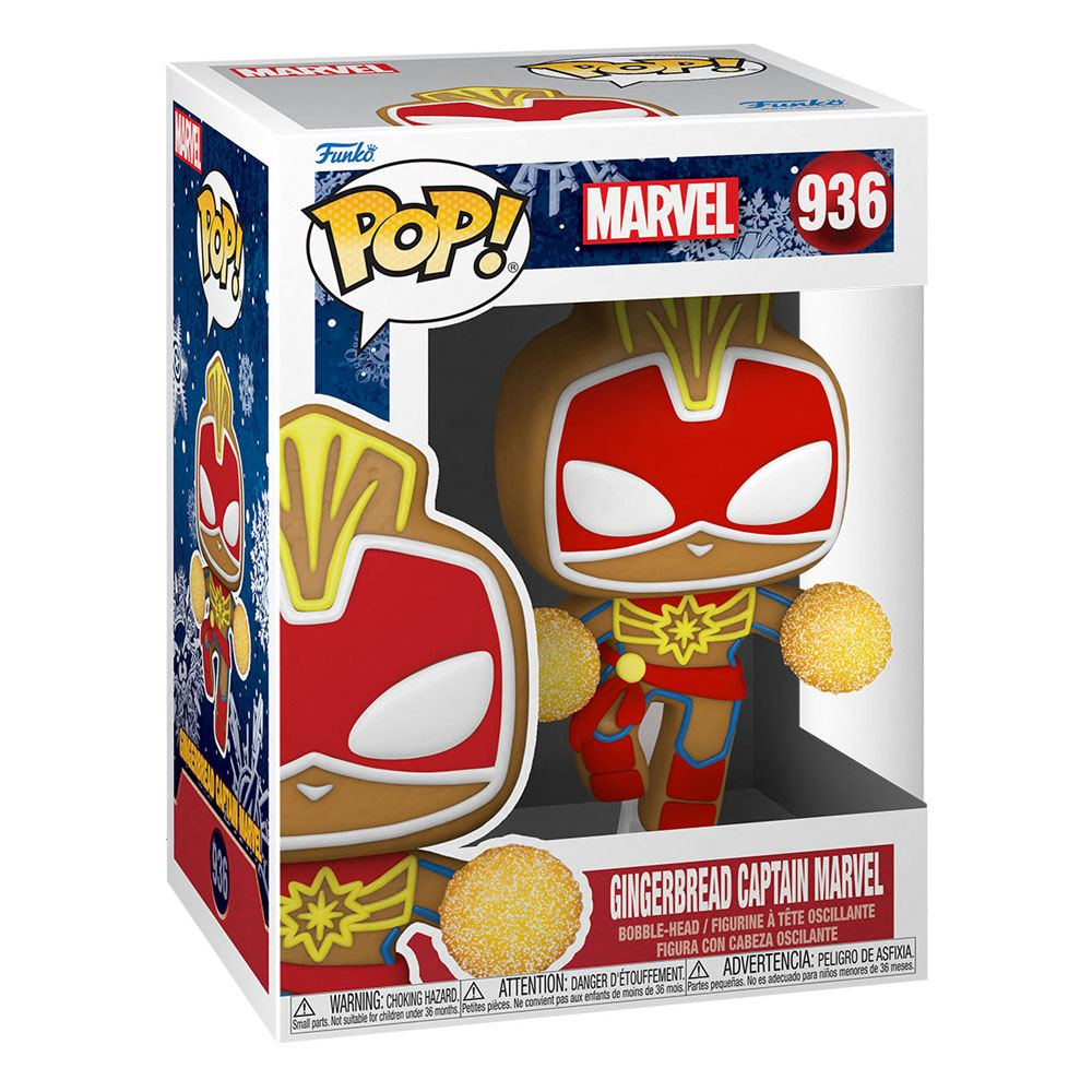 Figura Funko Pop di Gingerbread Captain Marvel nella sua scatola Marvel.