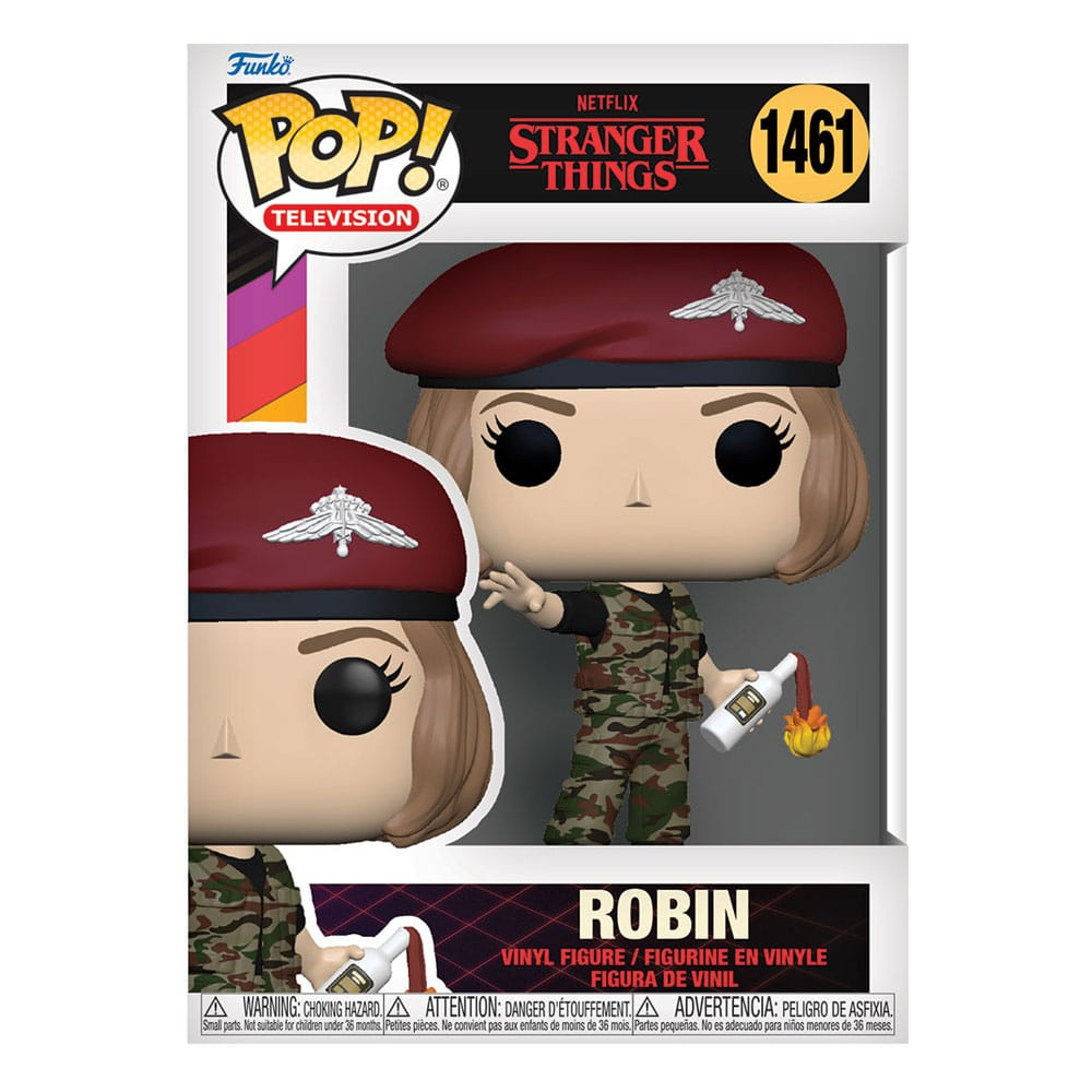 Funko Pop Figur von Robin aus Stranger Things in Militärkleidung mit roter Barette und Molotowcocktail in der Hand.