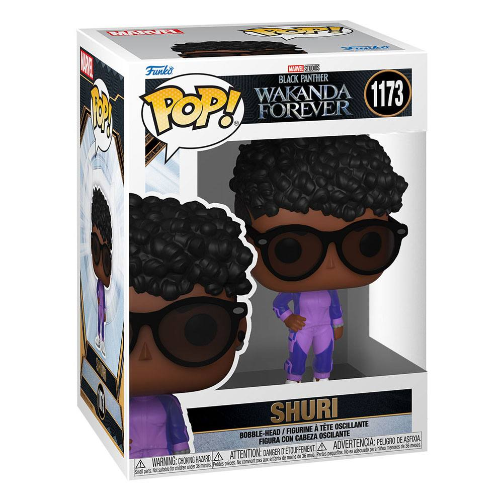 Una figura de vinilo Funko Pop Shuri de Black Panther Wakanda Forever en su caja con ventana.