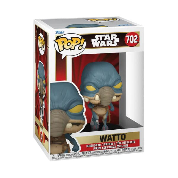 Figura Funko Pop de Watto de Star Wars dentro de una caja con fondo rojo.