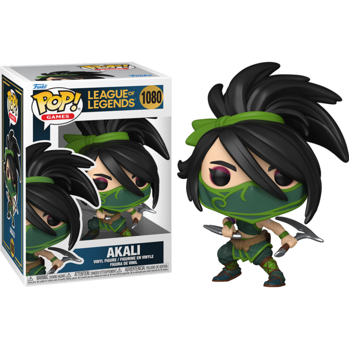 Figura de vinilo Funko Pop de Akali con atuendo verde, máscara y dagas junto a su caja.