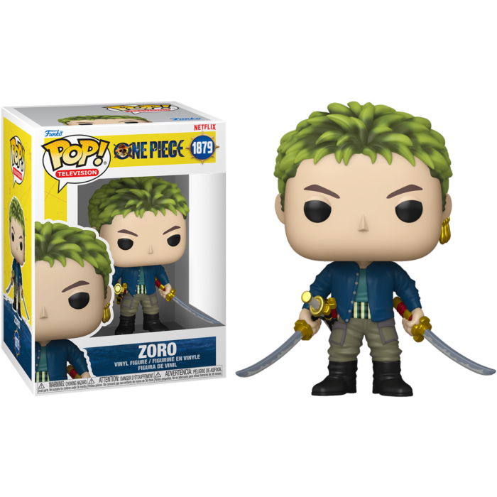 Una figura de vinilo Funko Pop de Zoro con cabello verde y espadas al lado de su caja.