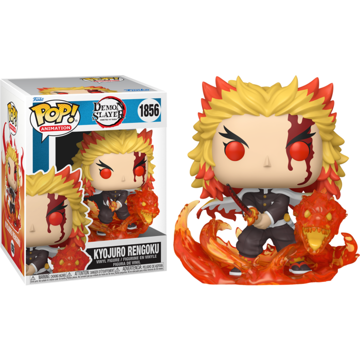 Figura Funko Pop de Kyojuro Rengoku con espada y fuego, junto a su caja sobre fondo negro.