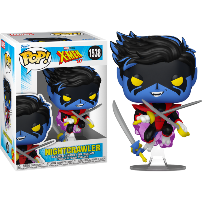 Figura de vinilo Funko Pop de Nightcrawler de X-Men '97 con espadas junto a su caja.