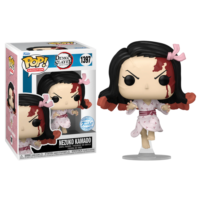Nezuko Kamado Funko Pop Figur mit Verpackung und blutiger Kleidung.