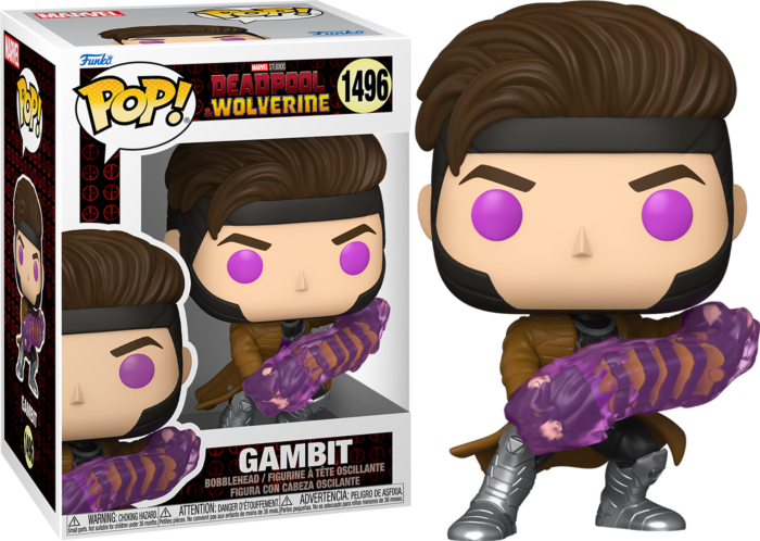 Una figura Funko Pop de Gambit de Deadpool & Wolverine, mostrada dentro y fuera de su caja con energía púrpura.