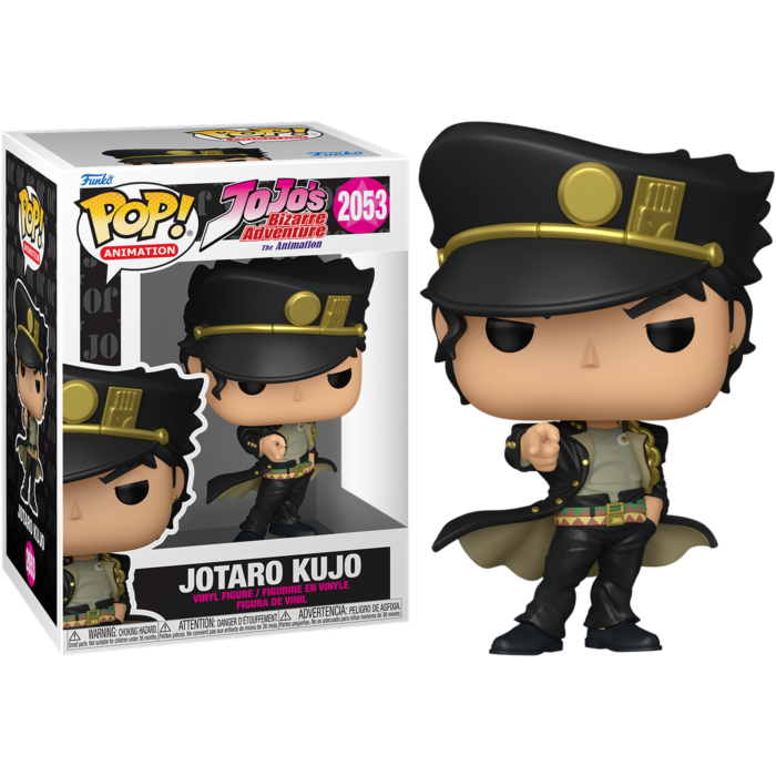 Figura de vinilo Jotaro Kujo Funko Pop con sombrero y abrigo negro junto a su caja.