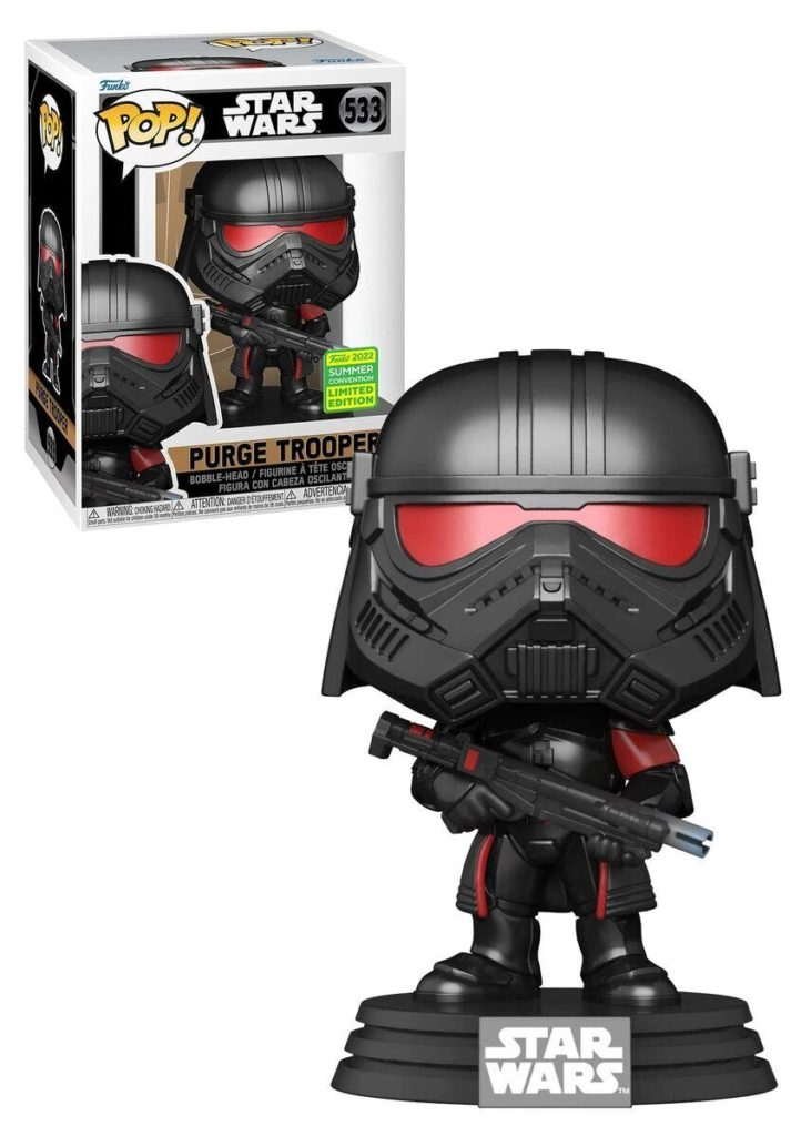 Figura Funko Pop Star Wars Purge Trooper con armatura nera, dettagli rossi e un blaster, mostrata con la sua scatola.