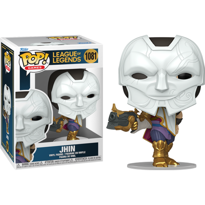 Figura de vinilo Jhin Funko Pop con máscara blanca y pistola, junto a su caja.