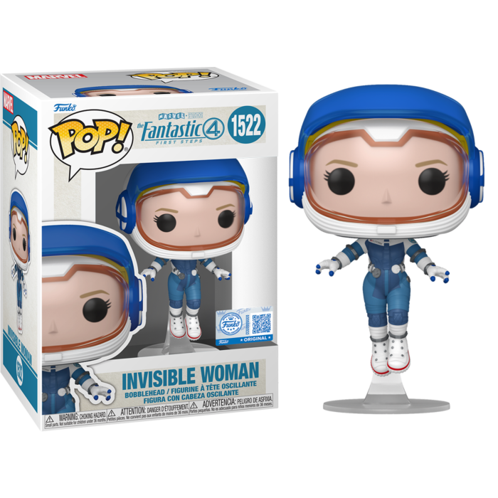 Invisible Woman Funko Pop Figur in blauem Raumanzug mit Helm vor ihrer Produktverpackung.