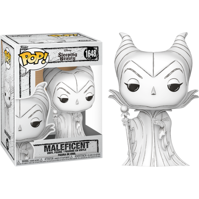 Una figura de vinilo Funko Pop de Maléfica en blanco y negro de pie junto a su caja sobre fondo negro.