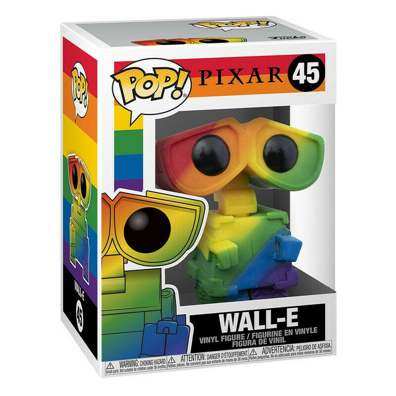 Eine regenbogenfarbene Wall-E Funko Pop Vinyl-Figur in ihrer Originalverpackung vor weißem Hintergrund.