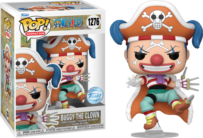 Figura Funko Pop przedstawiająca Buggy'ego Błazna z One Piece w kapeluszu pirata, z czerwonym nosem i w paski.