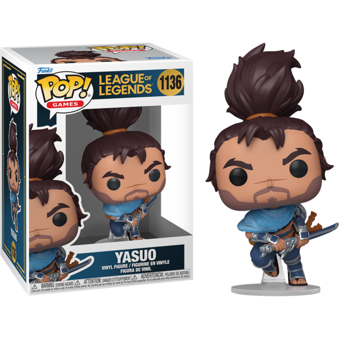 Figura de vinilo Yasuo Pop! de League of Legends junto a su caja colorida.