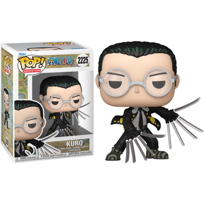 Figura Funko Pop de Kuro de One Piece, con gafas redondas, ropa negra y armas de garras de gato en ambas manos.