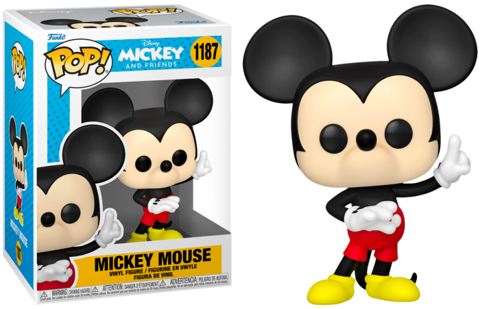 Una figura in vinile Mickey Mouse Funko Pop accanto alla sua confezione.