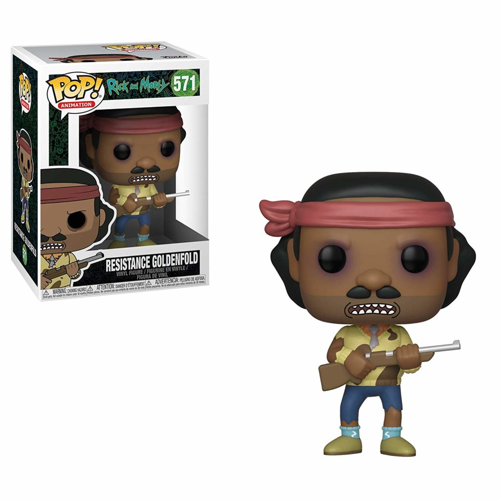 Funko Pop Figur von Resistance Goldenfold mit rotem Stirnband und Gewehr, neben seiner Verpackung.