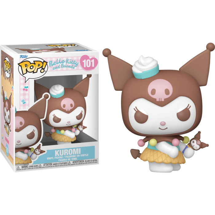 Figurka winylowa Funko Pop Kuromi i pudełko z Kuromi w brązowym stroju błazna.